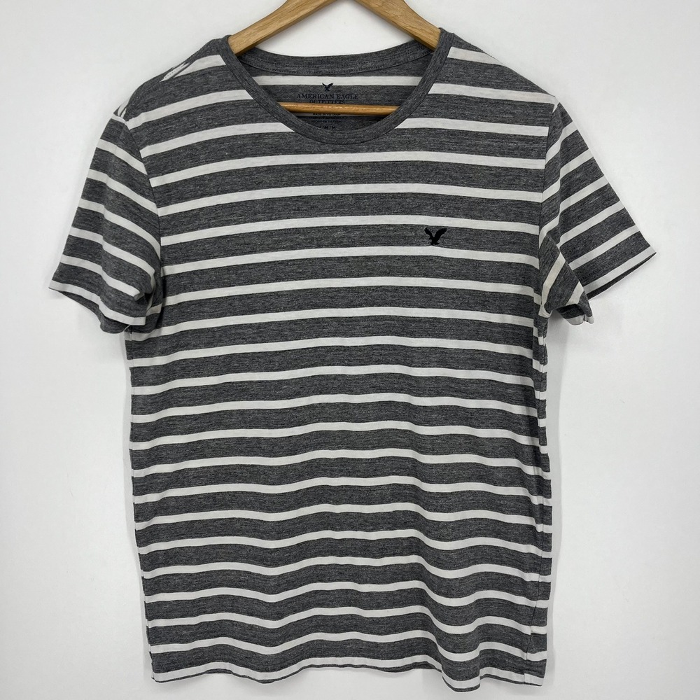 American‎ Eagle Mens Striped T-Shirt Grey White Eagle Logo Short Sleeve Size M